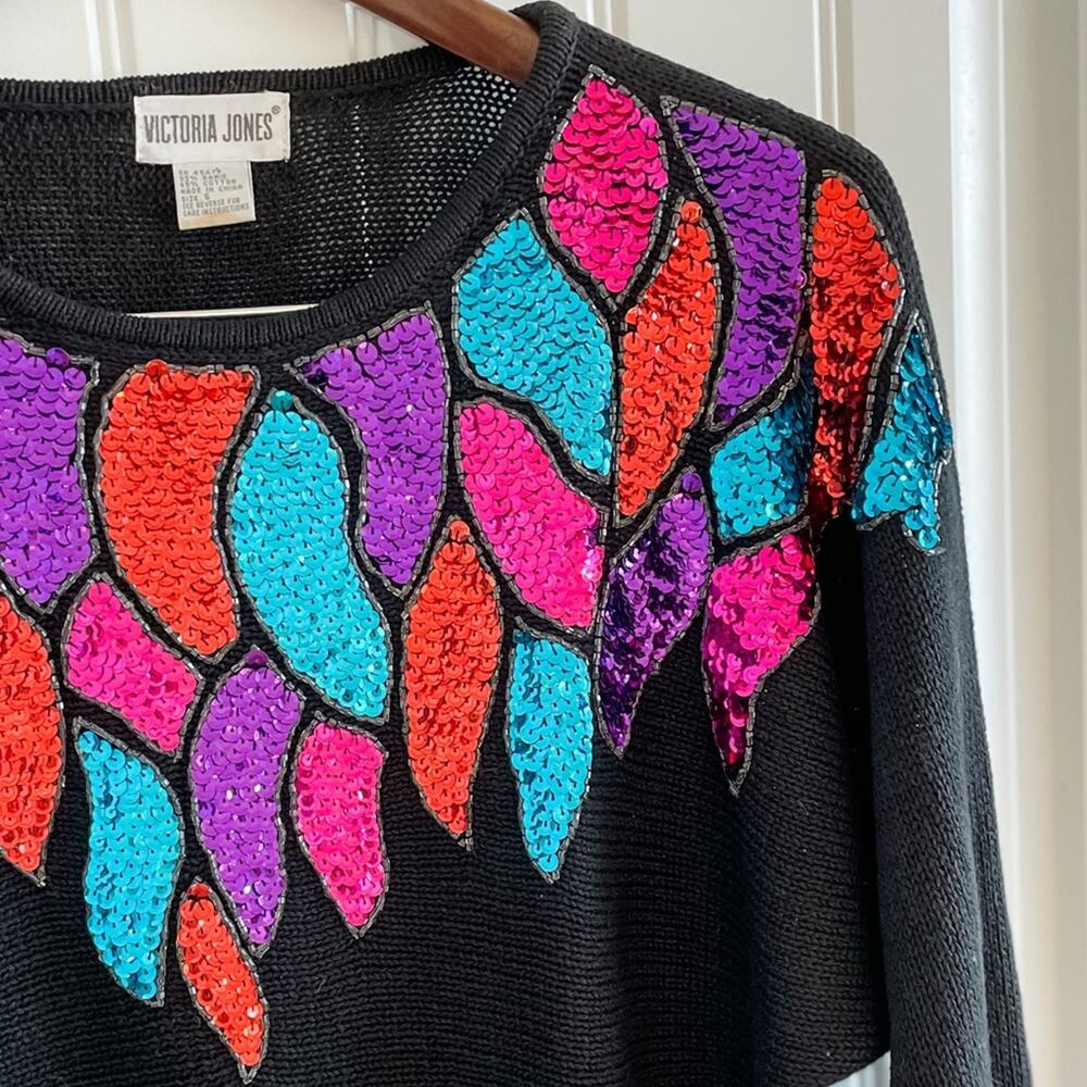 Victoria Jones vintage 90s sequin neckline loose knit dolman sweater size S - Picture 3 of 7